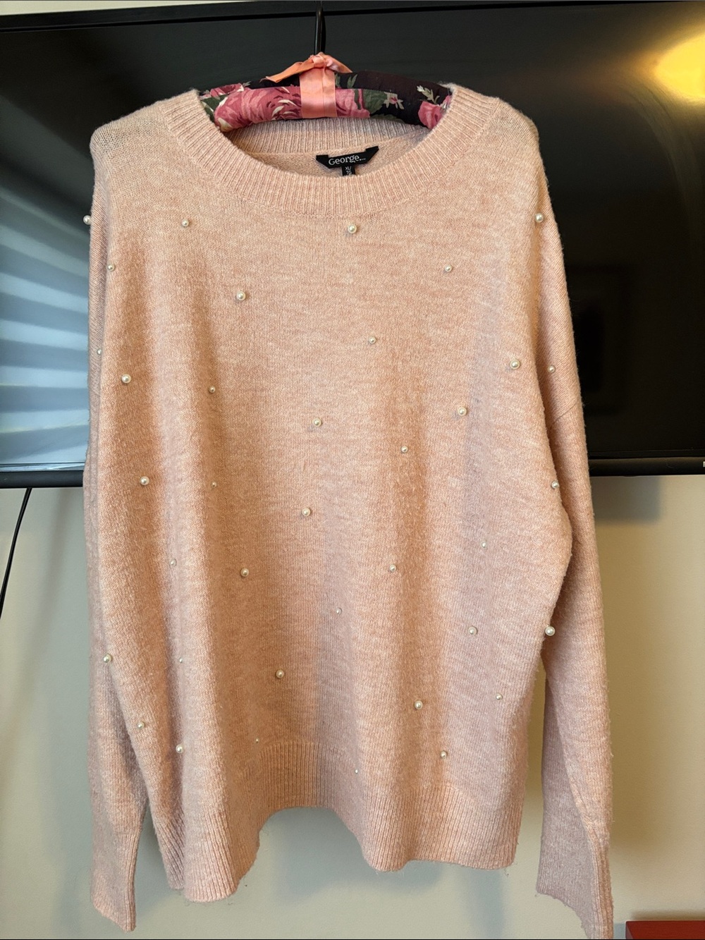 George Blush Pink Pearl-Accent Crewneck Sweater